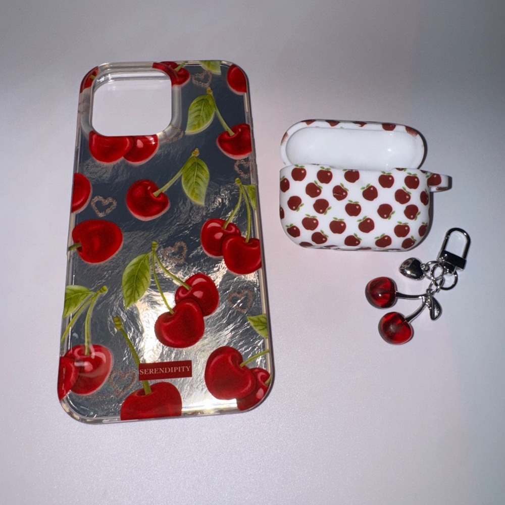 Cherry Pattern Phone Case and AirPods Case Set  16 pro max